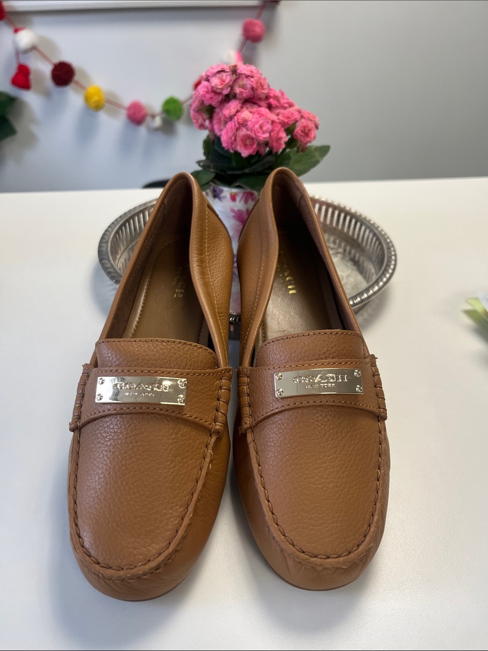 New Coach Tan Pebbled Leather Penny Loafers with Gold Plaques, Size 6.5